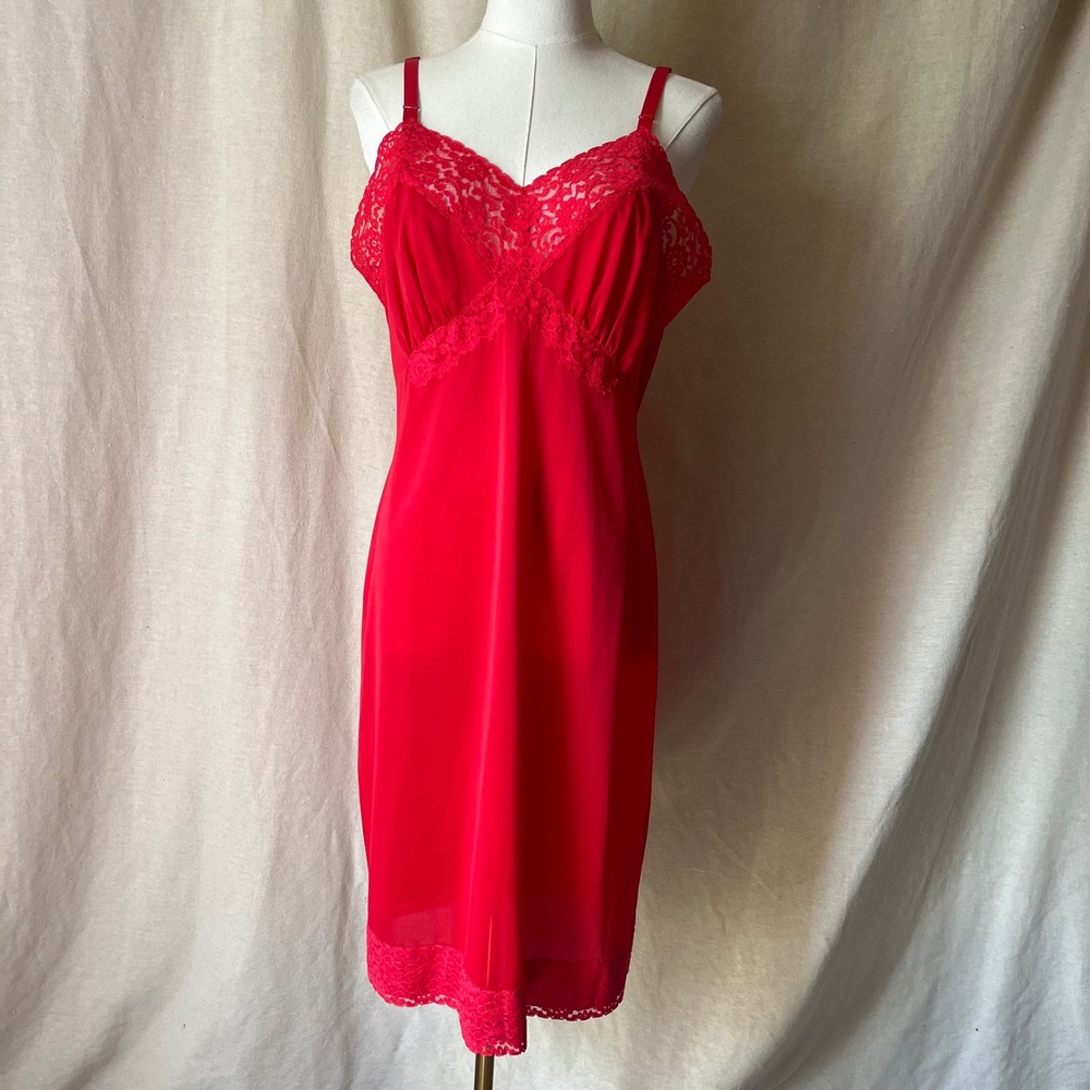 Vintage Shadowline Red Nylon Lace Slip Nightgown L Size 38